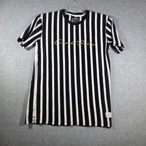 Carre Mens Striped T Shirt Medium Black White Vertical Stripe Gold Script Logo M